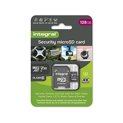 Image of Integral Micro SD Security Card 128GB for Dash Cams, Home CCTV, Body Cams and Drones. Extended lifetime reliable recording time after with High Endurance