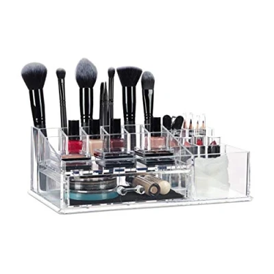 Image of Relaxdays Makeup Organiser with Drawer, Acrylic Storage Box for Cosmetics and Jewellery, Lipstick Holder, Transparent