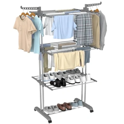 Image of Innotic Airer Clothes Drying Rack 4 Tier Foldable Rolling Stainless Laundry Dryer Hanger with Casters for Indoor Outdoor, Grey