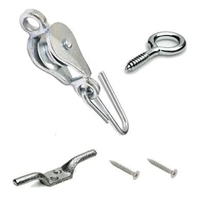 Image of Banner® Washing Line Pulley with Screw Eyes and Cleat Hooks Screws Steel Galvanized (1 x Pulley, 1 Eyes, Hook)
