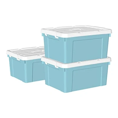 Image of Cetomo 35L*3 Storage Boxes, Carry Plastic Box with Lids, Organizing Container Handle and Secure Latching Buckles, Stackable, Nestable, Tote Bin for Home Office Clothes, 35L 3Pack, Blue