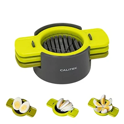 Image of Calitek Egg Slicer with 3 Cutters Multipurpose in 1 Multi Tool Cut Wedge Slice for Boiled Eggs Fruit Mushroom Tomatoes Stainless Steel Blades and Non Slip Base Dishwasher Safe (Green)