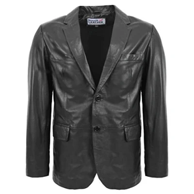 Image of Mens Real Leather Blazer Two Button Jacket Zavi (L, Black)
