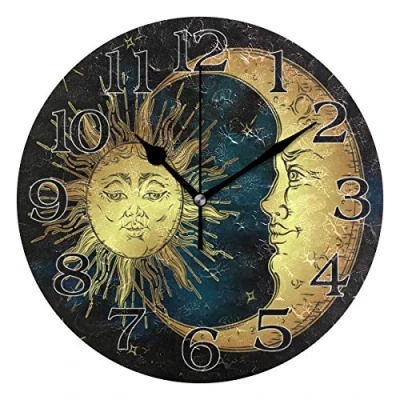 Image of linomo Sun Stars Moon Face Wall Clock Decor, Silent Non Ticking Round Quiet for Kitchen Living Room Bedroom Bathroom Office