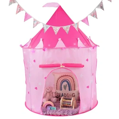 Image of RELSY Soft Pink Pop Up Tent For Kids Includes 3 Metre LED Heart Lights &amp; Bunting, Girl Play Princess Castle Style, 135 x 100cm