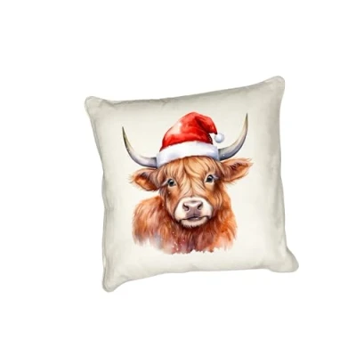 Image of Anonymous Gifting Highland Cow Printed Cushion Cover 40x40cm Linen style Christmas 1