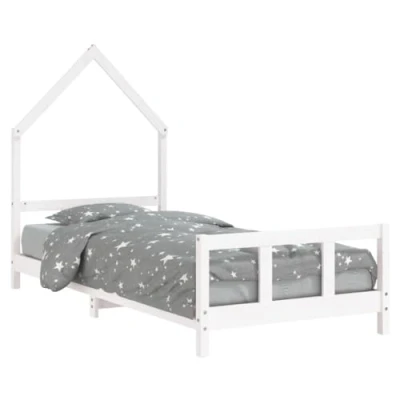 Image of vidaXL Kids Bed Frame in White Low Height Design, Sturdy Slats, Solid Pinewood Construction, House Style, Scandinavian Style Suitable for 4 Years and Above