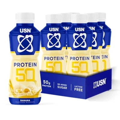 Image of USN Trust 50 Pre mixed &amp; Ready to Drink Protein Shake Bottles: 6 x 500 ml Banana High Recovery Drinks