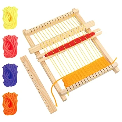 Image of Curtzy Wooden Weaving Loom 16.5 x 21.7cm / 6.5 8.54 Inches Large Frame Multi Craft Lap Hand Knit Machine Mixed Yarns, Adjusting Rod, Comb, Shuttle &amp; Nylon Cord Kit for Beginners