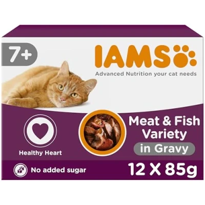 Image of IAMS Delights Complete Wet Cat Food for Senior 7+ Cats Meat and Fish Variety in Gravy Multipack 12 x 85 g Pouches