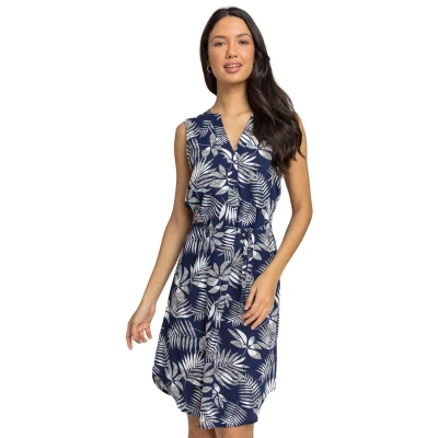 Image of Roman Originals Women Leaf Print Belted Shift Dress Ladies Spring Everyday Summer Evening Vacation Work Holiday Long Sleeve Smart Casual Navy Size 20