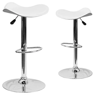 Image of Flash Furniture Adjustable Height Barstool, Plastic, Vinyl, Chrome, Plywood, Foam, Metal, White, 2 Pack
