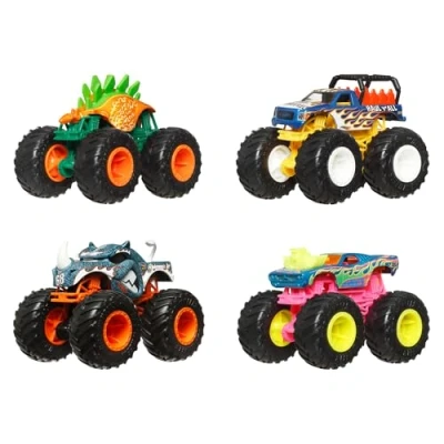 Image of Hot Wheels Monster Trucks, 1:64 Scale Trucks Toy Set of 4, Giant Wheels, Favorite Characters and Cool Designs, JGD65