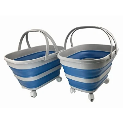 Image of SAMMART 17L Collapsible Basket with Handle Portable Outdoor Picnic Basket/Crater and 360˚ rotating wheels Foldable Shopping Bag Space Saving Storage Container (Grey/Mist Blue (Set of 2))