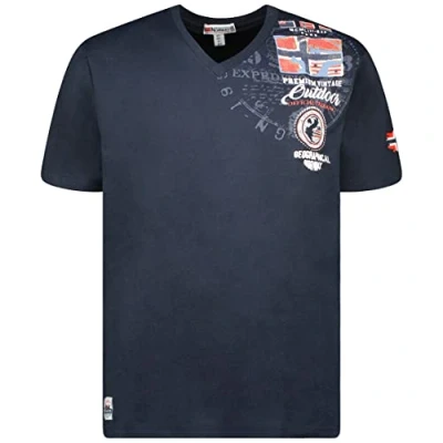 Image of Geographical Norway Jotham Men Men&#039;s Cotton T Shirt Classic Shirts with Logo Short Sleeve Body Wear Regular Fit V Neck Basic (Navy Blue XXL)