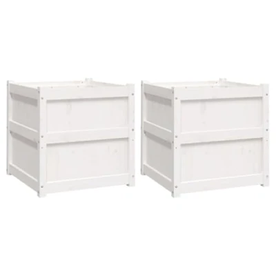 Image of vidaXL Solid Pine Wood Garden Planters 2 pcs White Square Plant Pots for Patio and Outdoor Living Space 50cm x