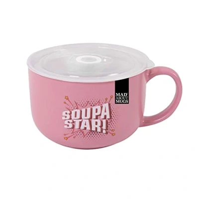 Image of YöL Pink Soupa Star Soup Mug Bowl Dish Silicone Lid Vent Microwaveable Large 750ml Stoneware