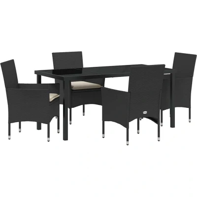 Image of vidaXL 5 Piece Garden Dining Set with Cushions Black Poly Rattan