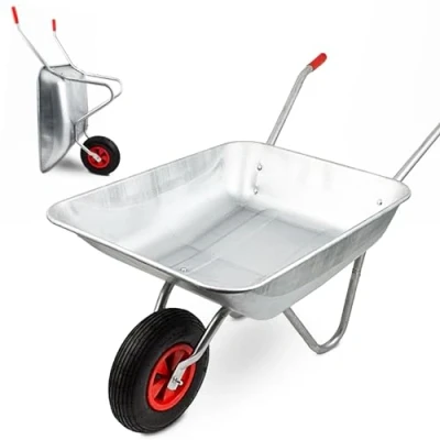 Image of JupiterJX Wheelbarrow Heavy Duty Galvanised Load Up To 100KG 80L Capacity Home Garden Trolley With Pneumatic Tyre And Steel Rim Work Gardening Cart (80L x 60W 60H) cm Silver