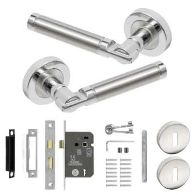 Image of Decoranddecor Enigma Satin Chrome Round Internal Door Handles Lever On 54mm Rose Aluminium (Sash Lock Kit)