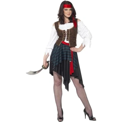 Image of Smiffys Pirate Lady Costume, Brown Shirt, Attached Waistcoat, Skirt, Belt &amp; Headband, Fancy Dress, Dress Up Costumes