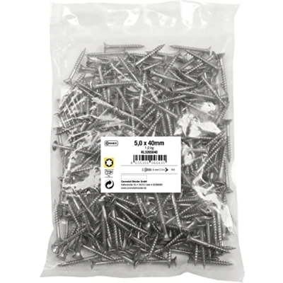 Image of Connex KL3265040 Universal Screws 5.0 x 40 mm 1 kg Bulk Pack Countersunk Head TX Drive Partial Thread Stainless Steel/Screw Set/Screws in Bag