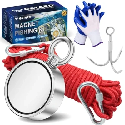Image of Magnet Fishing, Fishing Magnets Kit, 1000 LBS (453 KG) Pulling Force Super Strong Double Sided Neodymium for River Salvage &amp; Ground Search 75 mm in Diameter