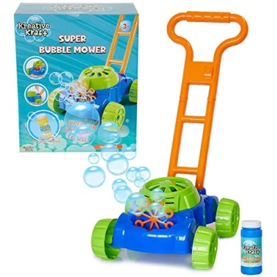 Image of KreativeKraft Lawn Bubble Mower Push Along Toy Lawnmower For Kids And Toddlers With Machine Soapy Solution Included Gift Idea Children From Age 5 Garden Play Tools Accessories