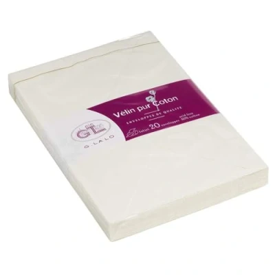 Image of Clairefontaine Ref 21000L G.Lalo Gummed Envelopes (Pack of 20) C6 (114 x 162mm) in Size, 125gsm Paper, Strip for Sealing Pure Cotton Vellum Cream