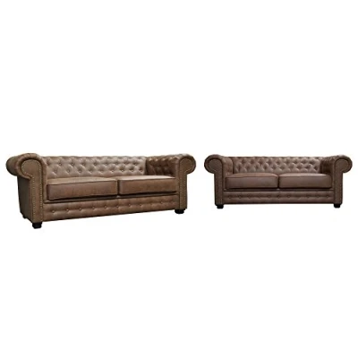 Image of Astor Chesterfield Style Sofa Set 3+2 Seater Armchair Brown Faux Leather (3+2 Seater)