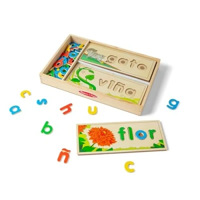 Image of Melissa &amp; Doug Spanish See Spell Educational Language Learning Toy, Early development activity toys, puzzle, Wooden Gift for 3 year old boy or girl