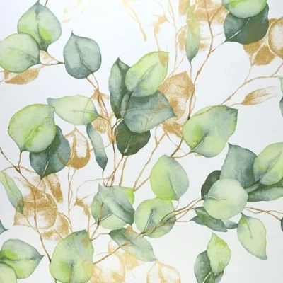 Image of Eucalyptus Flower Green Wallpaper Metallic Gold Effect Modern Floral Trendy Stylish Feature Wall