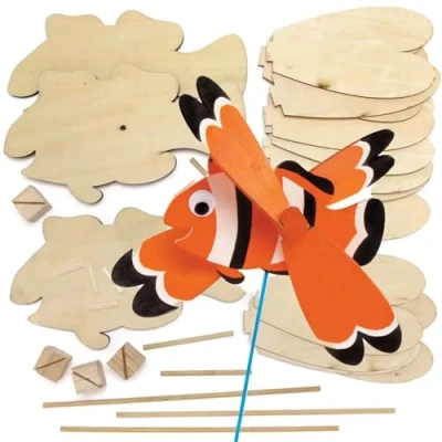Image of Baker Ross FE231 Tropical Fish Wooden Windmill Kits Pack of 3, for Kids Arts and Crafts Projects, Children to Decorate, Personalise Display