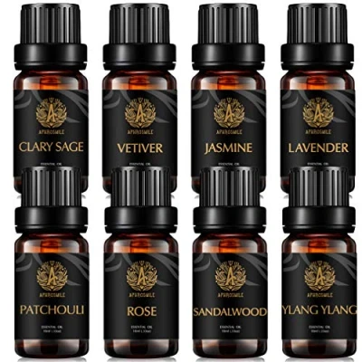 Image of Aromatherapy Vetiver Essential Oil Set for Diffuser, 8x10ml Clary Sage Kit Humidifier Jasmine, Lavender, Patchouli, Rose, Sandalwood, Ylang Oils