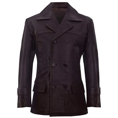 Image of Mens Brown Cow Hide Leather Jacket Dr Who Naval German Pea Coat 2XL