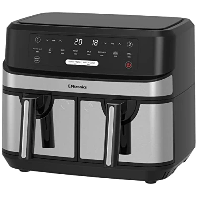 Image of EMtronics Dual Air Fryer Extra Large Family Size Double XL 9 Litre with 8 Adjustable Pre Set Menus for Oil Free &amp; Low Fat Healthy Cooking, Easy Clean Metal Interior, 99 Minute Timer Stainless Steel