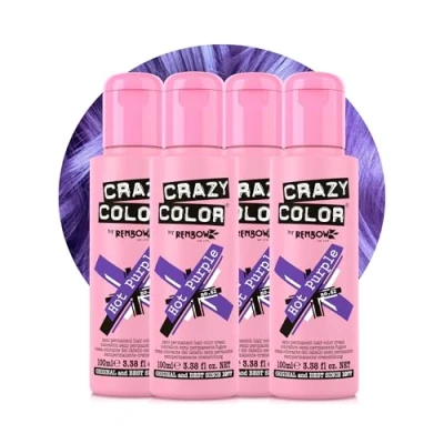 Image of Crazy Color Vibrant Hot Purple Semi Permanent 4 Pack Quad Hair Dye. Highly Pigmented Royal Conditioning &amp; Oil Nourishing Vegan Formula No Bleach or Ammonia 400ml