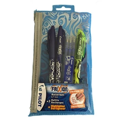 Image of Pilot Frixion Value Set &amp; Pencil Case Includes Erasable Blue Pens Refills Highlighter