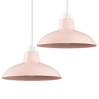 Image of MiniSun Pair of Retro Style Pink Metal Easy Fit Ceiling Pendant Light Shades Complete with 10w LED Bulbs [3000K Warm White]