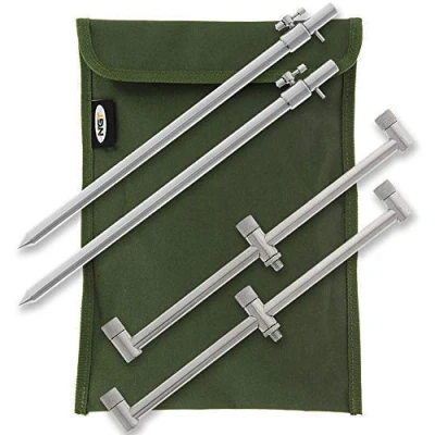 Image of DNA NGT Carp Coarse Fishing 2x 30 50cm Stainless Steel Extendable Bank Sticks &amp; 30cm 3 Rod Buzz Bar Set with Green Nylon Case