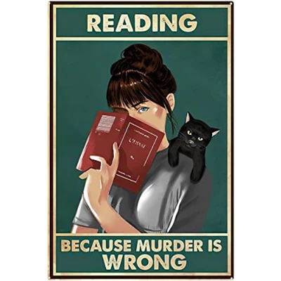 Image of kisoyo Tin Signs Vintage Girl and Black Cat Reading Because Murder is Wrong Sign Funny Bathroom 8x12inch