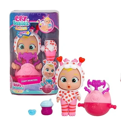 Image of Cry Babies Magic Tears STARS Momo Jumpy Monsters Collectible Baby Boll Dressed Up in a Monster Pyjama, She Cries Slime and Jump with their Vehicle, Gift Toy for Girls Boys +3 years