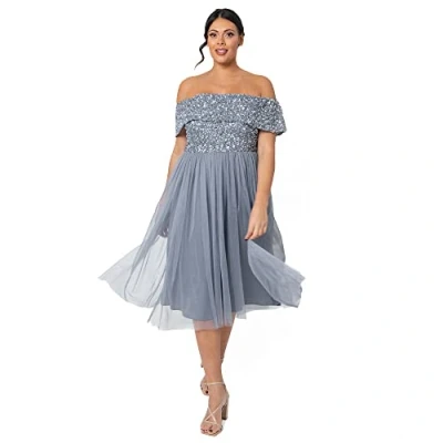 Image of Maya Deluxe Women&#039;s Ladies Bardot Dresses Midi High Empire Waist Sequins Embellished Formal Evening for Wedding Guest Bridesmaid, Dusty Blue, 16