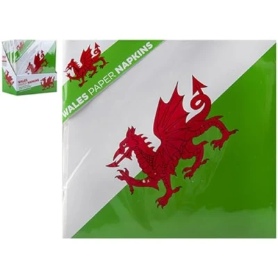Image of PMS Pack of 12 Wales Paper Napkins Welsh Dragon Supporter World Cup Six Nations Patriotic 3 Ply 33cm