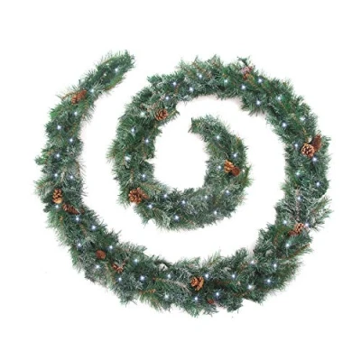 Image of Best Artificial Frosted Colorado Pine Christmas Garland with Cones Indoor Xmas Bright White LED Battery Lights (12ft / 360cm)