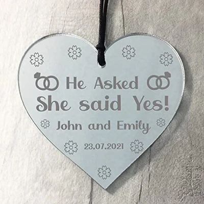 Image of RED OCEAN He Asked She Said Yes Engagement Gifts For Couple Engraved Heart Personalised Friendship Gift