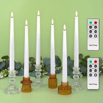 Image of Rhytsing 29cm Flameless Taper Candles with Timer, Battery Operated Dinner Table Long Candlestick Rustic Wax, Warm White LED, 2 Remotes Included Set of 6 (White)