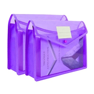 Image of 2 Pack A4 Black Plastic Document Folder Waterproof Wallet with Pocket, Translucent File Envelope Button Closure for Home Office School (Purple)