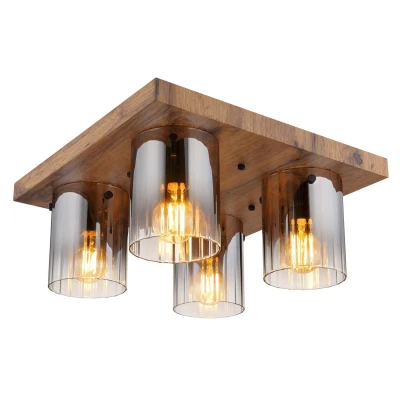 Image of Underwood Shade Cluster Ceiling Light Wood Look Dark Smoke Glass 4x E27