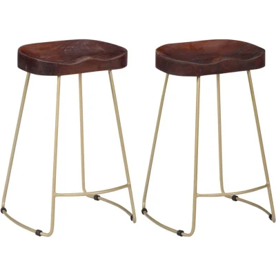 Image of vidaXL Gavin Bar Stools 2 Pcs, Solid Mango Wood, Retro Vintage Design, Handmade, Distinctive Wood Grains, Brass Powder Coated Iron, Sturdy and Durable Walnut Brown
